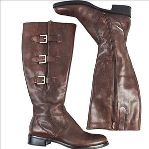 Ecco Brown Leather Round Toe Side Zip Buckle Detail Equestrian Knee High Boot